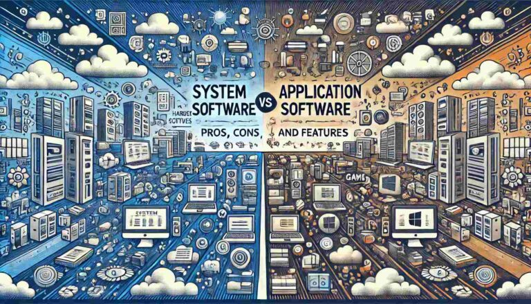 DALL·E-2024-09-10-17.19.34-A-detailed-landscape-image-comparing-System-Software-vs-Application-Software_-Pros-Cons-and-Features.-The-design-should-have-two-distinct-sections-1